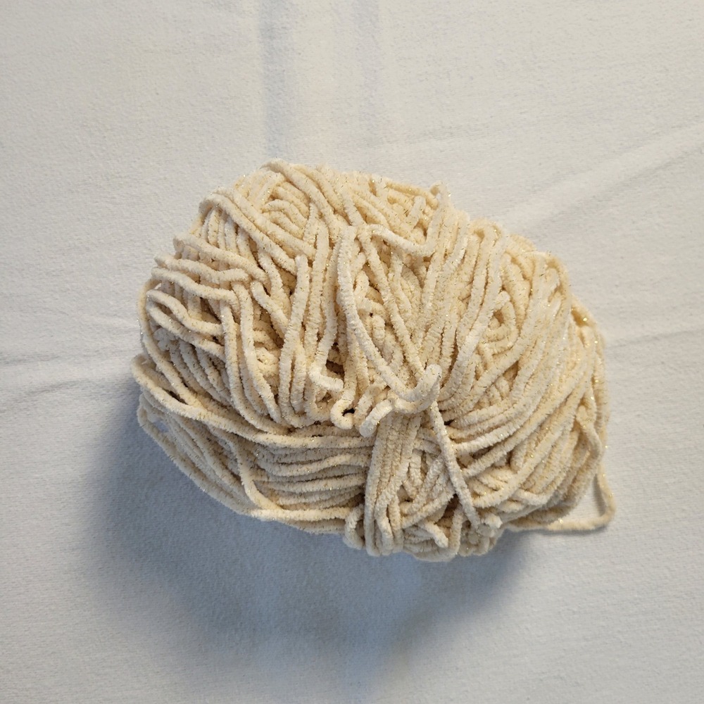 Cream Chenille Yarn with Gold Metallic Sparkle Super Bulky Soft Chunky Skein